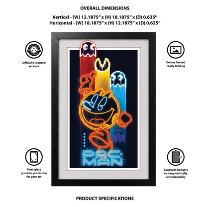 Pac-Man - Man- Neon - 11x17 Faux Matted Print Under Plexi