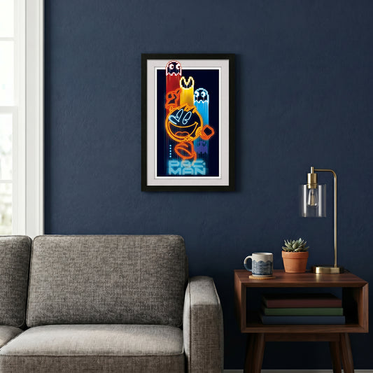 Pac-Man - Man- Neon - 11x17 Faux Matted Print Under Plexi