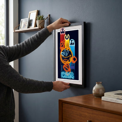 Pac-Man - Man- Neon - 11x17 Faux Matted Print Under Plexi