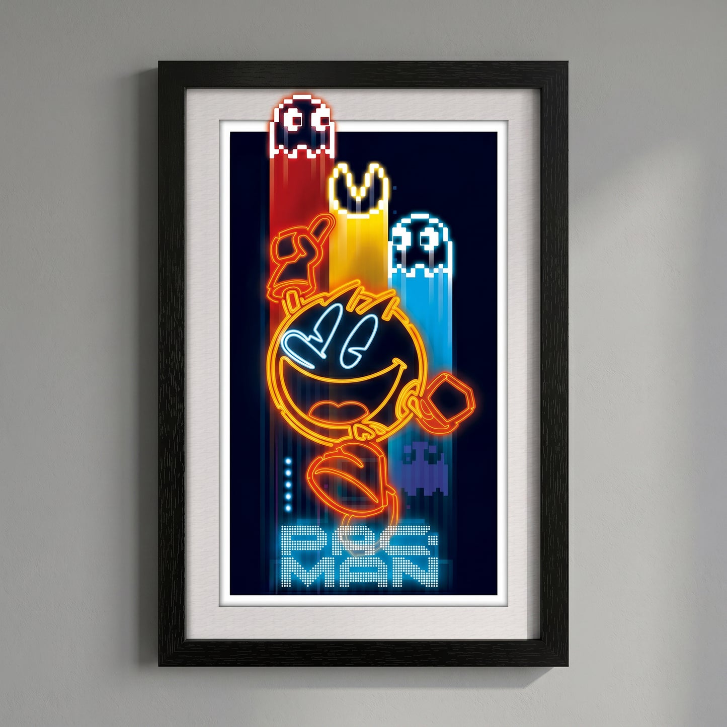 Pac-Man - Man- Neon - 11x17 Faux Matted Print Under Plexi