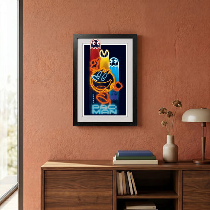 Pac-Man - Man- Neon - 11x17 Faux Matted Print Under Plexi