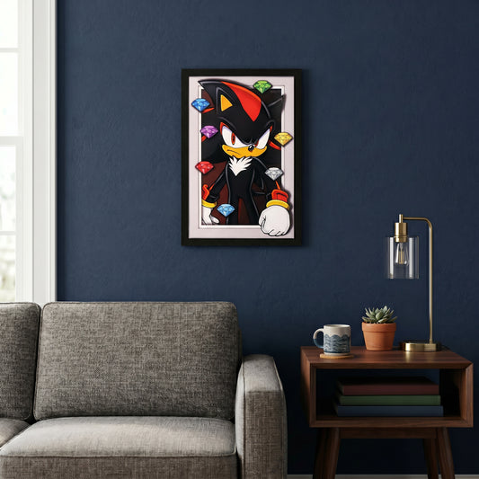 Sonic The Hedgehog - Shadow With Chaos Emeralds - 11x17 Faux Matted Print Under Plexi