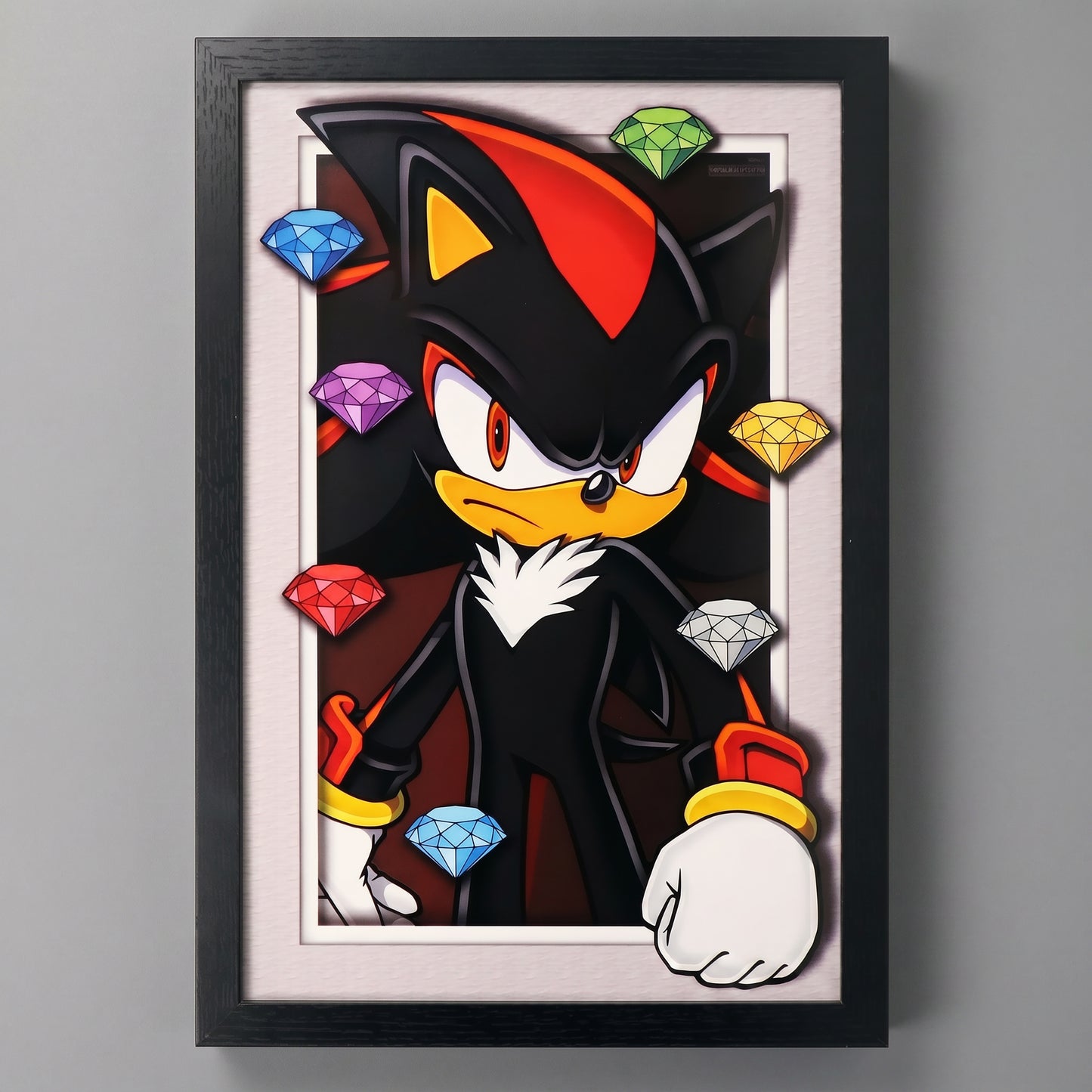 Sonic The Hedgehog - Shadow With Chaos Emeralds - 11x17 Faux Matted Print Under Plexi