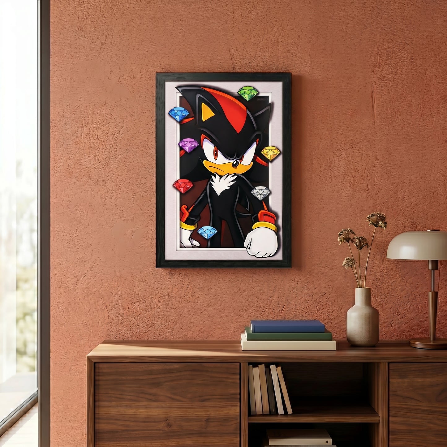Sonic The Hedgehog - Shadow With Chaos Emeralds - 11x17 Faux Matted Print Under Plexi