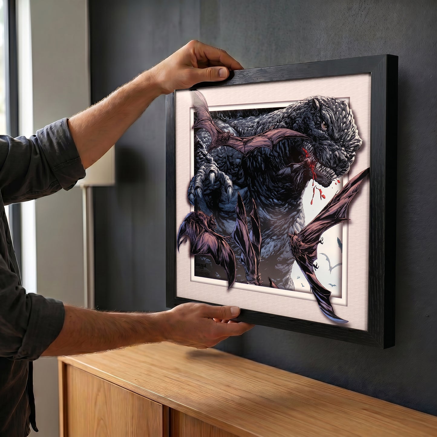Godzilla - Bats Swarming - 12x12 Faux Matted Print Under Plexi
