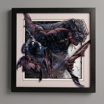 Godzilla - Bats Swarming - 12x12 Faux Matted Print Under Plexi