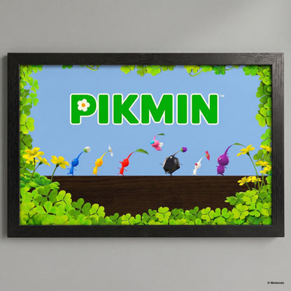 Framed artwork of Pikmin characters with the word 'Pikmin' on a blue background.