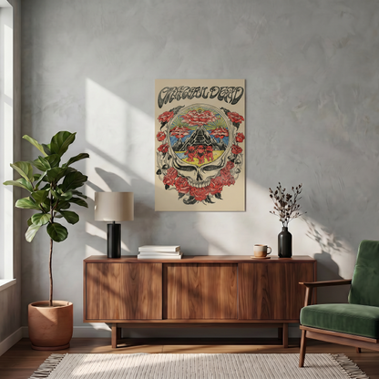 Living room with a wooden sideboard, green chair, and 'Grateful Dead' poster on the wall.