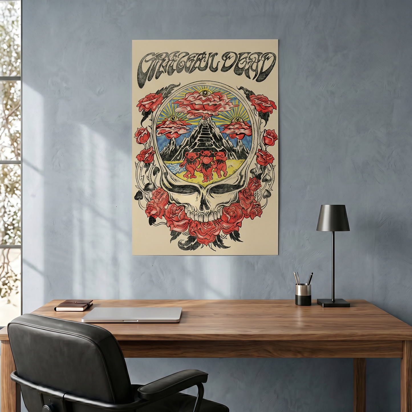 Decorative poster of a skull with roses on a wall above a desk.