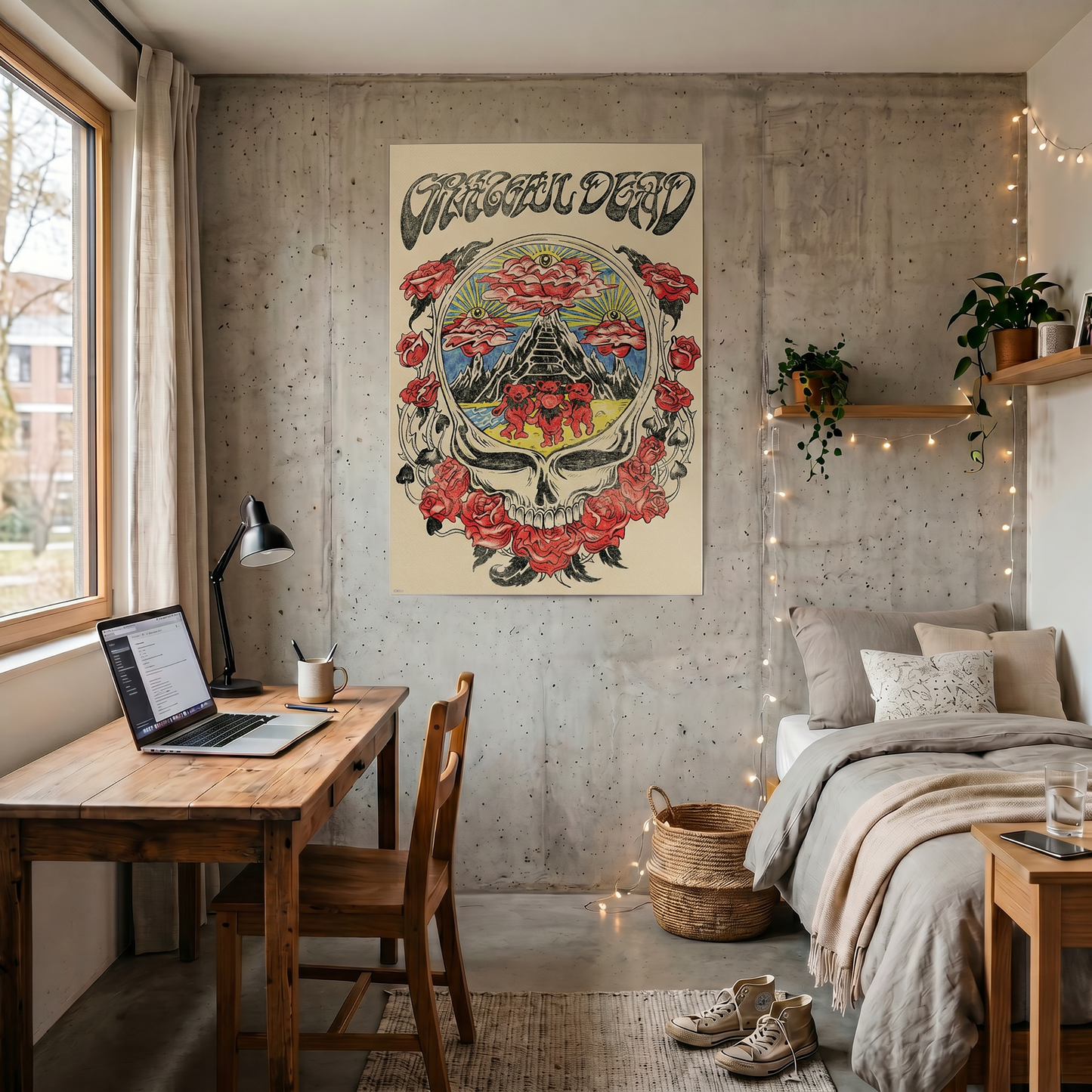 Modern bedroom with a desk, bed, and wall art featuring a skull and flowers.