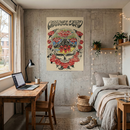 Modern bedroom with a desk, bed, and wall art featuring a skull and flowers.