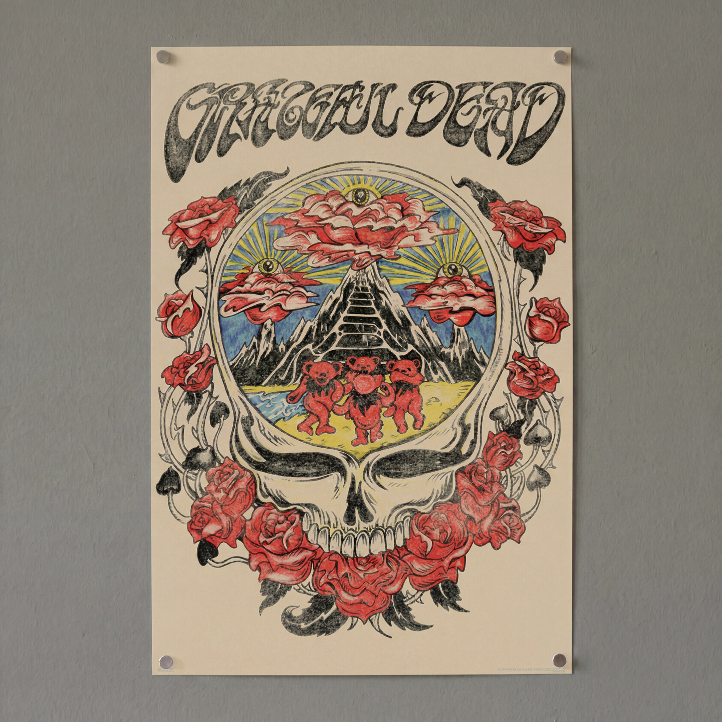 Grateful Dead poster with skull, roses, and mountain design on a beige background
