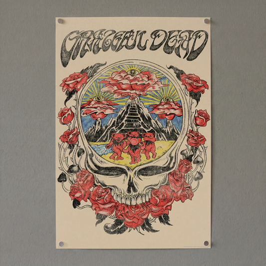 Grateful Dead poster with skull, roses, and mountain design on a beige background