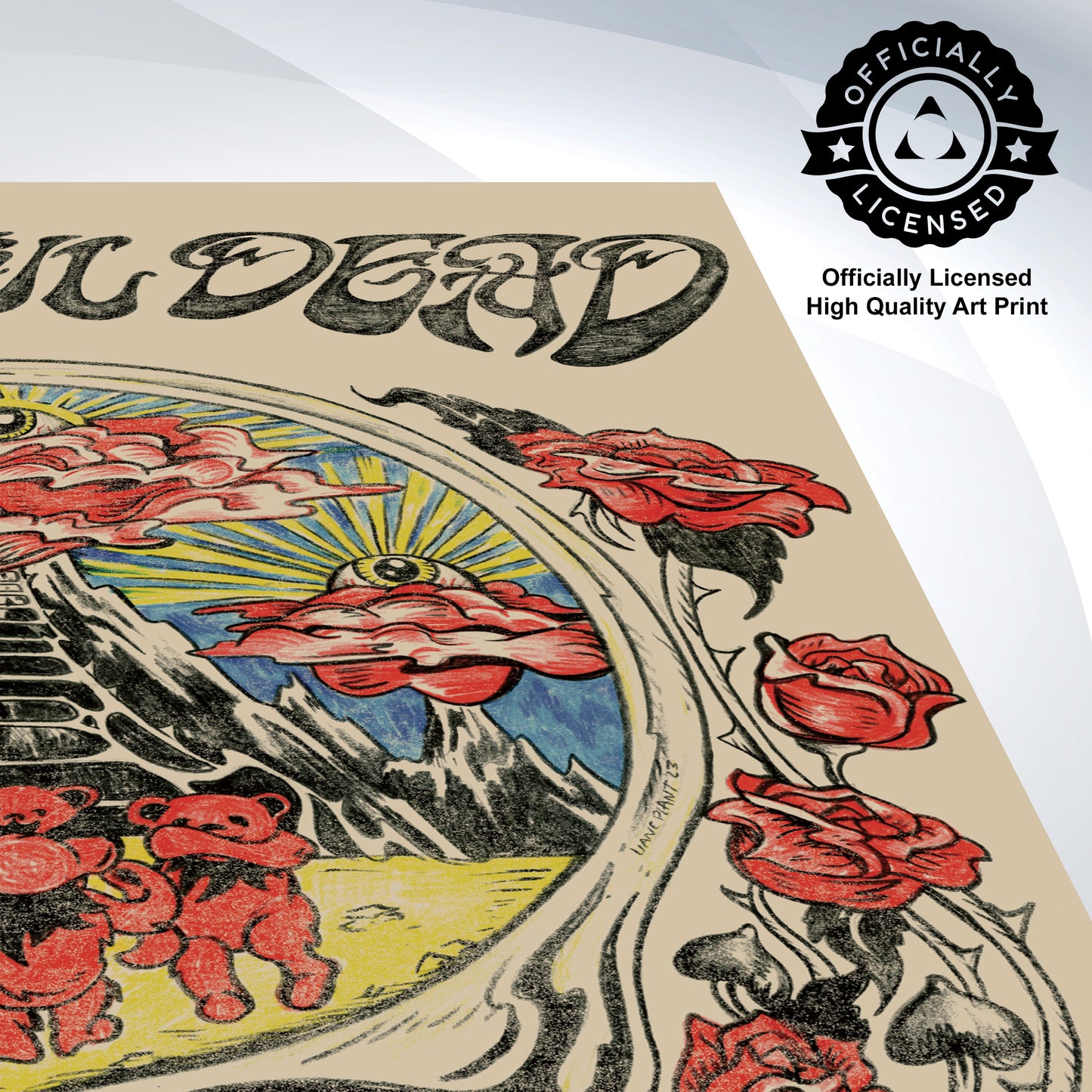 Art print with 'Grateful Dead' design featuring roses and bears, branded as officially licensed.