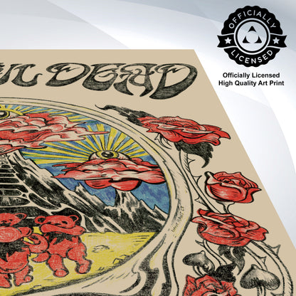 Art print with 'Grateful Dead' design featuring roses and bears, branded as officially licensed.